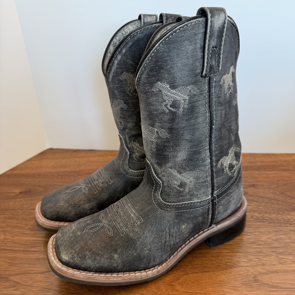 Smoky Mountain Boots Youth Leather Square Toe Grey Design Kids Size 2 R Cowboy